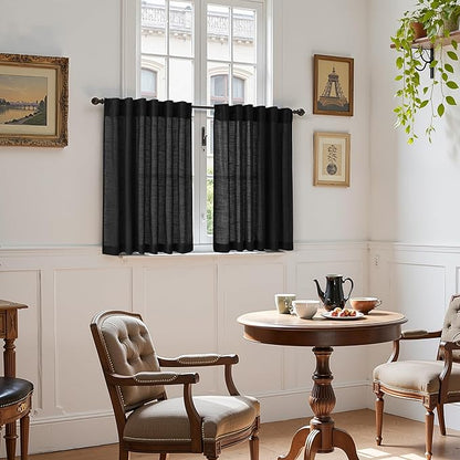 Nanspring Short Linen Kitchen Curtains 36 Inch Length,Over Sink Black Privacy Semi Sheer Curtains Back Tab and Rod Pocket Drapes for Basement Bathroom Window 42 x 36 Inch,2 Panels