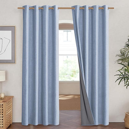 NICETOWN Stone Blue Vintage Linen 100% Blackout Curtains for Living Room, Thermal Insulated Curtains 90" Long, Noise Reducing Window Treatment Drapes for Home Cinema, 52" Wide Per Panel, Set of 2