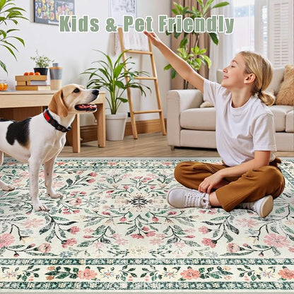 Area Rugs 9x12 Living Room: Floral Washable Rug Vintage Large Soft Boho Non-Slip Carpet Indoor Stain Resistant Low Pile Carpets for Bedroom Dining Room Farmhouse Nursery Home Office Green Beige