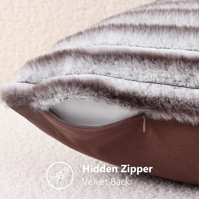 decorUhome Cozy Faux Fur Throw Pillow Covers 12x20 Set of 2 Decorative Soft Plush Striped Lumbar Modern Farmhouse Boho Couch Pillow Cases with Velvet Back for Sofa Bed Living Room, Brown White