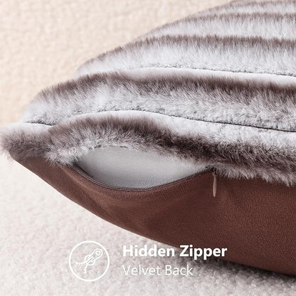 decorUhome Cozy Faux Fur Throw Pillow Covers 20x20 Set of 2 Decorative Soft Plush Striped Modern Farmhouse Boho Couch Pillow Cases with Velvet Back for Sofa Bed Living Room, Brown White