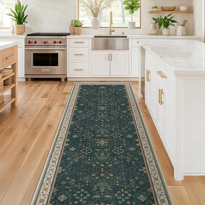 Hazo Haus Vintage 2x7 Washable Runner Rug Non Slip for Kitchen, Bathroom, Hallway - Low Pile Stain Resistant 7ft Long Runner Rugs - Victorian Eclectic Floral Pastel Home Decor (2x7 Dark Green)