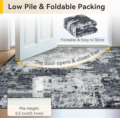 Washable Area Rugs 2'x3' Non-Slip Modern Abstract Soft for Living Room Entryway Bedroom Nursery, Print Pattern, Black Navy Blue Gray
