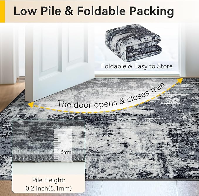 Washable Area Rugs 5'x7' Non-Slip Modern Abstract Soft for Living Room Entryway Bedroom Nursery, Print Pattern, Black Navy Blue Gray
