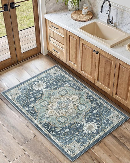 AMADA HOMEFURNISHING 2x4 Washable Area Rug, Low-Profile Entryway Rug with Non-Slip Backing & Durable Edge Binding, Vintage Rug Pattern, Small Rugs for Entryway, Kitchen & Living Room