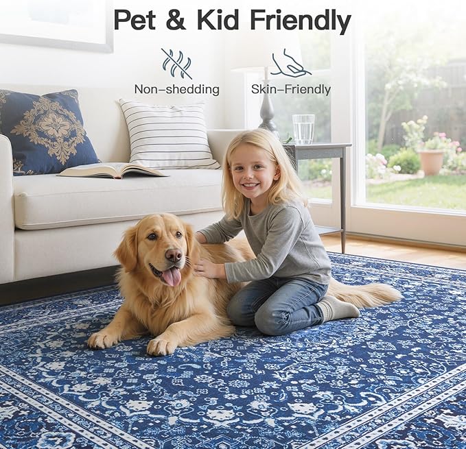 Lofus 5x7 Area Rugs for Living Room, Machine Washable Non-Slip Area Rug, Low Pile Large Rugs for Bedroom, Kitchen, Dining Room, Home Office, Vintage Oriental Print Rug, Dark Blue with White