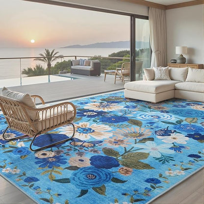 Area Rugs 10x14 Living Room, Non Slip Machine Washable Floral Rugs, Low Pile Lightweight Large Rug for Bedroom, Dining Room, Home Office(10 x 14, Blue Garden)