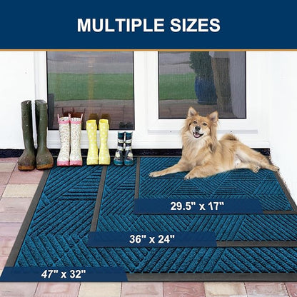 Smiry Front Door Mat Outside Entrance, Heavy Duty Sturdy Natural Rubber Doormat, Trap Dirt and Moisture, Easy Clean Low Profile Mats for Indoor Outdoor Entry, Irregular Triangle (29.5x17, Mixed Blue)