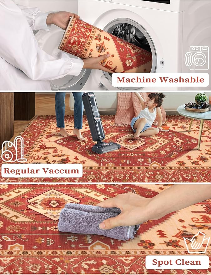 SERISSA Boho Washable Runner Rug, 2x5 Rug Runner Non-Slip Vintage Red Hallway Kitchen Runner Rug Ultra Soft Print Distressed Floor Carpet Runner for Bedroom Bathroom Laundry Living Room