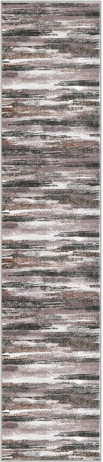 Lansny Modern Abstract Runner Rug 2.6x12, Dark Light Brown White Washable Long Kitchen Runner Non-Slip Soft Hallway Rug Runner Thin Print Faux Wool Carpet for Entryway Bedroom Laundry Room Indoor