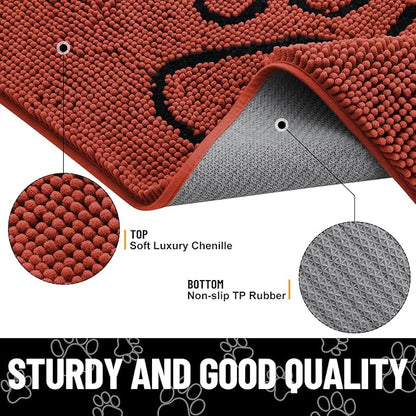 Smiry Dog Door Mat for Muddy Paws, Absorbent Dirt Trapper Non Slip Quick Dry Washable Chenille Mat for Mud Dogs, Entry Rug for Indoor and Outdoor (30x20 Inches, Maple Red and Black)