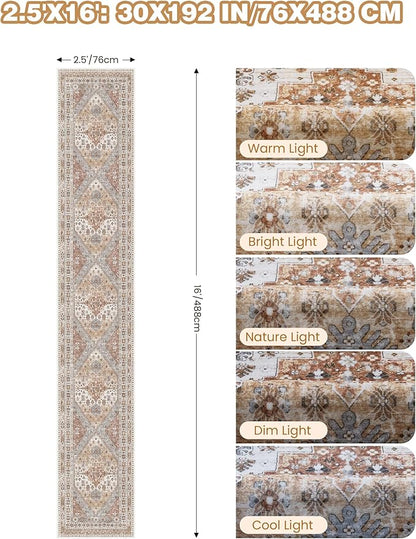 Washable Runner Rug 2.5x16, Non-Slip Long Kitchen Mats for Floor, Vintage Rug for Entryway, Soft Hallway Runner for Dining Room, Bedroom, Living Room(Orange,2.5'x16')