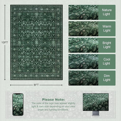 8x10 Area Rugs for Living Room: Washable Rug Soft Vintage Distressed Floral Carpet Indoor Non-Slip Stain Resistant Large Carpets for Bedroom Dining Room Farmhouse Nursery Home Office Deep Green
