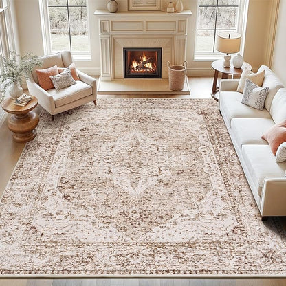 Lofus 8x10 Area Rugs for Living Room, Washable Area Rug, Rugs for Bedroom, Kitchen, Vintage Boho Carpet, Soft Non-Slip, Low Pile Large Area Rug for Office Dining Room, Vintage Beige Brown