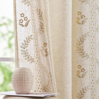 jinchan Belrose 4 Panel Curtains Set 90 Inch Length Floral Curtains Linen Blend Beige Embroidered Drapes Farmhouse Flower Patterned Drapes for Living Room Bedroom Window Treatments Set of 4