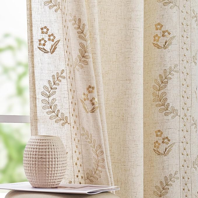 jinchan Belrose Linen Curtains for Bedroom Floral Curtains 108 Inch Length Linen Blend Beige Embroidered Drapes Farmhouse Flower Patterned Drapes for Living Room Window Treatments Set 2 Panels
