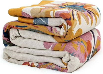 MSGKV Boho Throw Blanket for Bed 100% Cotton Throw Floral Couch Blanket 80''x90'', Spring Breathable Travel Muslin Blanket for Women Home Decor