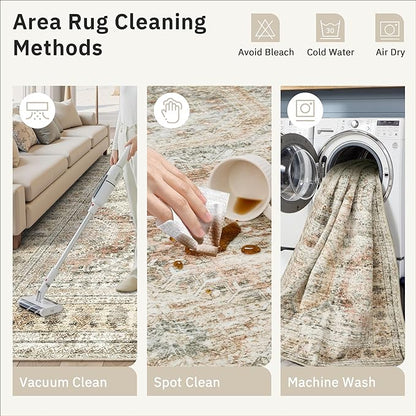 10x14 Area Rugs for Living Room, Non Slip Machine Washable Vintage Rugs, Low Pile Lightweight Large Rug for Bedroom, Dining Room, Home Office Brown Pink