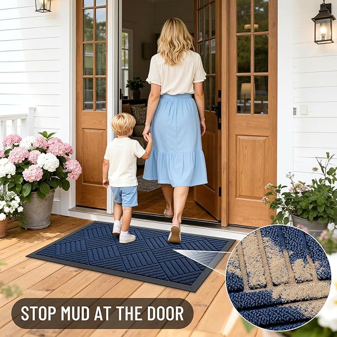 OLANLY Front Door Mat Outside Entrance 47x23, Absorbent, Heavy Duty Sturdy Natural Rubber Doormat Indoor Outdoor, Stain Fade Resistant, Non-Slip Low Profile Floor Mat for Entryway, Navy Blue Diamond