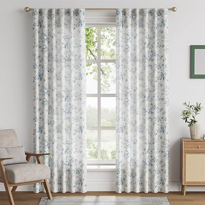 jinchan Linen Floral Curtains for Living Room 84 Inch Length Blue Printed Flower French Country Curtain Farmhouse Cottage Core Toile Curtains Back Tab Light Filtering Window Drapes Set 2 Panels
