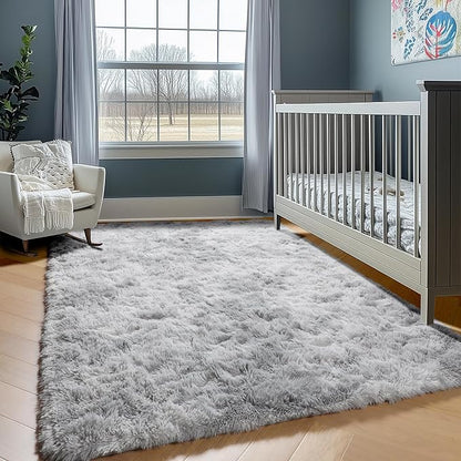 ONASAR Rugs for Living Room Bedroom, 5x8 Fluffy Tie-Dyed Light Grey Bedside Area Rug, Soft Plush Shaggy Floor Carpet for Nursery Kids Girls Boys Teen Dorm Home Office Decor Aesthetic