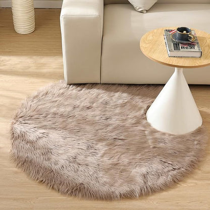 Goolela Beige Round Rug 4ft Fluffy Sheepskin Faux Fur Rug for Bedroom Bedside Living Room Fuzzy Furry Circle Carpet