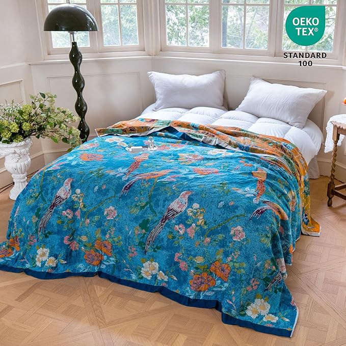MSGKV Boho Throw Blanket for Couch 50"x60" Cotton Blanket with Floral and Bird Spring Breathable Lightweight Farmhouse Decorative Blankets for Sofa Muslin All Seasons