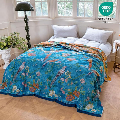 MSGKV Boho Throw Blanket for Couch 50"x60" Cotton Blanket with Floral and Bird Spring Breathable Lightweight Farmhouse Decorative Blankets for Sofa Muslin All Seasons