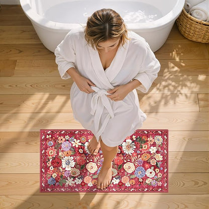 2x4 Entryway Runner Rugs, Non Slip Washable Rugs with Rubber Backing Soft Floral Carpet Runner for Kitchen, Laundry, Bedroom, Bathroom(2 x 4, Red Garden)