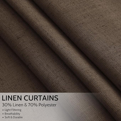 Chocolate Linen Curtains 72 Inch Long for Living Room Bedroom Lightweight Door Drapes 2 Panels Set, Semi Sheer Light Filtering Back Tab or Rod Pocket Curtain,52x72
