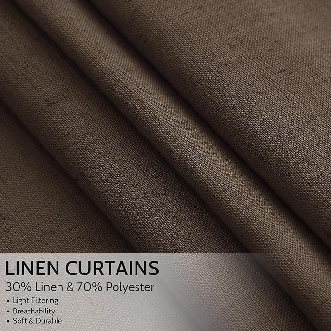 Nanspring Chocolate Linen Curtains 84 Inch Length 2 Panels Set for Living Room Back Tab Light Filtering Semi Sheer Curtain for Bedroom Farmhouse Drapes, 52x84 Inch, 2 Panels