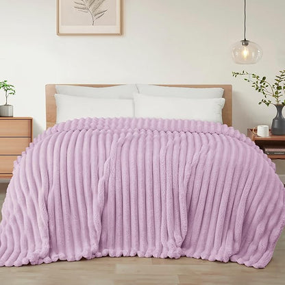Exclusivo Mezcla Queen Size Flannel Fleece Blanket, Super Soft Striped Jacquard Bed Blanket, Lightweight Fuzzy Cozy for All Seasons, 90x90 Inches, Lilac Purple