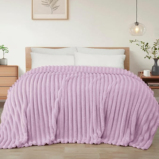 Exclusivo Mezcla Queen Size Flannel Fleece Blanket, Super Soft Striped Jacquard Bed Blanket, Lightweight Fuzzy Cozy for All Seasons, 90x90 Inches, Lilac Purple