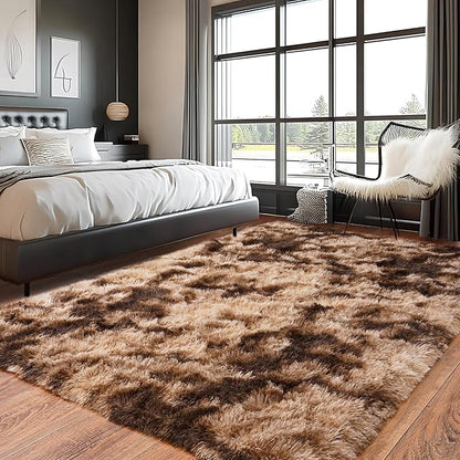 Pionblank Large Area Rug for Living Room 6x9 Feet, Modern Soft Shag Brown Rug, Plush Fuzzy Carpet for Bedroom Girls Boys Room Home Nursery Teens Dorm Decor, Tie-Dyed Coffee