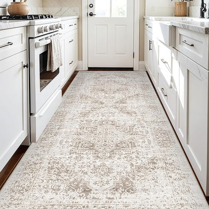 4x8 Washable Hallway Runner Rug - Wide Kitchen Runners Vintage Low Pile Carpet Soft Thin Floor Runner with Rubber Backing for Entryway Bedroom Living Room Home Decor (Cream/Camel)