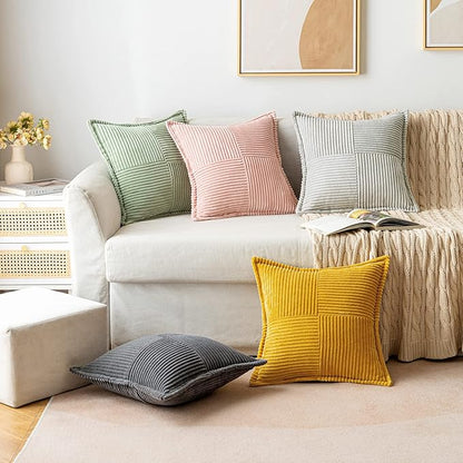 MIULEE Decorative Throw Pillow Covers for Couch Bed Livingroom 20x20 Inch Set of 2 Beige Boho Accent Throw Pllows Broadside Striped Patchwork Soft Corduroy Pillowcases