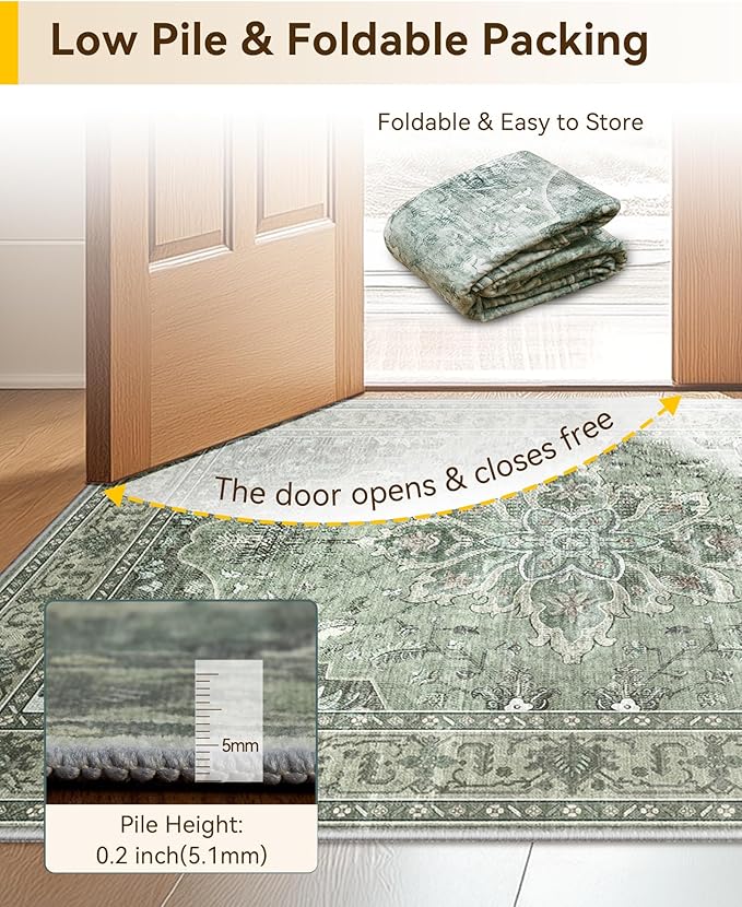 RELEANY Area Rugs 2'6''x12' Runner Rug Non Slip Washable for Kitchen Hallway Bedroom Beside Laundry Room Bathroom Rug, Floor Carpet, Dark Green Gray