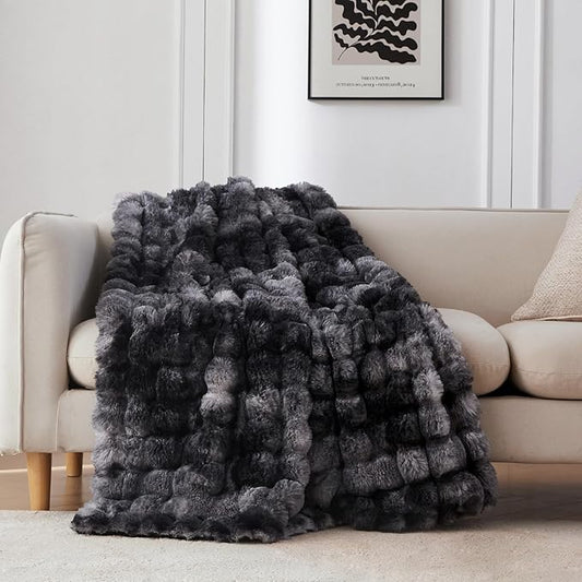 COOVA Faux Fur Throw Blanket for Couch, Cozy Soft and Fuzzy Plush Rabbit Fur Bubble Blanket for Sofa Bedroom Living Room, 60x80 Inches Tie Dye Black