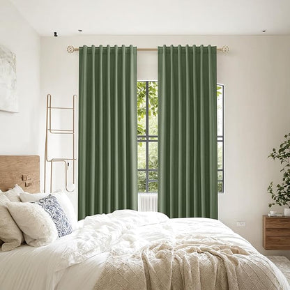 Guken Olive Green 100% Blackout Curtains 63 Inch Length 2 Panels Set for Living Room Bedroom Back Tab Thermal Insulated Black Out Linen Drapes Room Darkening Window Curtains 63 Inches Long