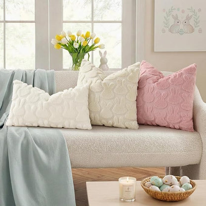 decorUhome Easter Bunny Pillow Covers 20x20 Inch Set of 2, Soft Plush Faux Wool Jacquard Beige Rabbit Cushion Covers, Farmhouse Neutral Spring Easter Holiday Decor for Couch Sofa Bed