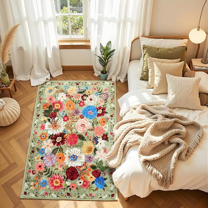 Floral Machine Washable Rug Green, 3x5 Rug Non Slip Soft Bedroom Rugs for Entryway Dorm, Ultra-Thin Rugs for Bedroom Stain Resistan(3 x 5, Green Garden)