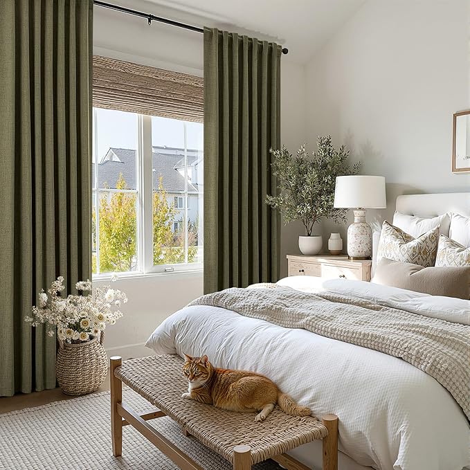 MIULEE 100% Blackout Linen Curtains for Bedroom, Light Olive Green Solid Luxury Decor Thermal Insulation Room Darkening Drapes for Living Room Nursery Back Tab Rod Pocket 42 x 96 Inches, 2 Panels