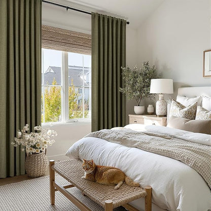 MIULEE 100% Blackout Linen Curtains for Bedroom, Light Olive Green Solid Luxury Decor Thermal Insulation Room Darkening Drapes for Living Room Nursery Back Tab Rod Pocket 42 x 63 Inches, 2 Panels