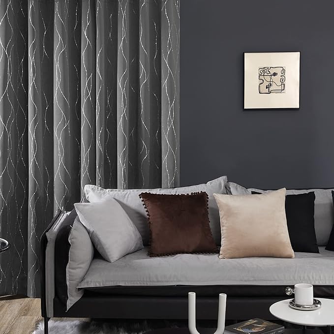 Deconovo Blackout Curtains, Grey Curtains, Thermal Insulated Soundproof Grommet Drapes, Silver Wave Dot Foil Print, 42 x 72 Inch, 2 Panels, Machine Washable Window Panel for Living Room Bedroom Office