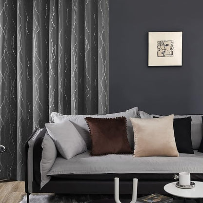 Deconovo Blackout Curtains, Grey Curtains, Thermal Insulated Soundproof Grommet Drapes, Silver Wave Dot Foil Print, 42 x 72 Inch, 2 Panels, Machine Washable Window Panel for Living Room Bedroom Office