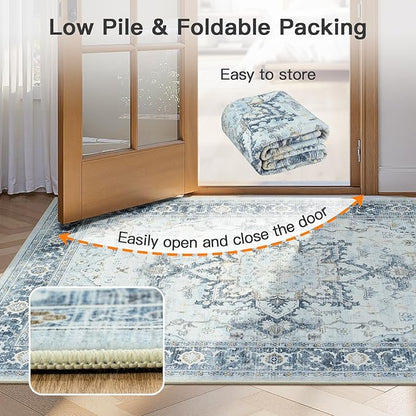 Lofus 6x9 Area Rugs for Living Room, Machine Washable Non-Slip Area Rug, Low Pile Large Rugs for Bedroom, Kitchen, Dining Room, Home Office, Vintage Oriental Print Rug, Blue Gold