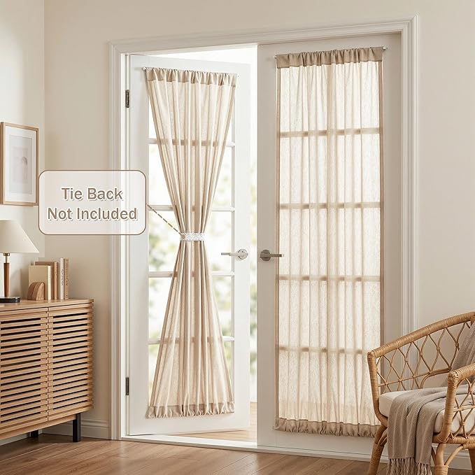 MYSKY HOME Oatmeal French Door Curtains for Door Window 72 Inch Length 2 Panels Semi Sheer Light Filtering Curtain for Bedroom Window Glass Rod Pocket for Kitchen Dining Room, Taupe, 26" Wide