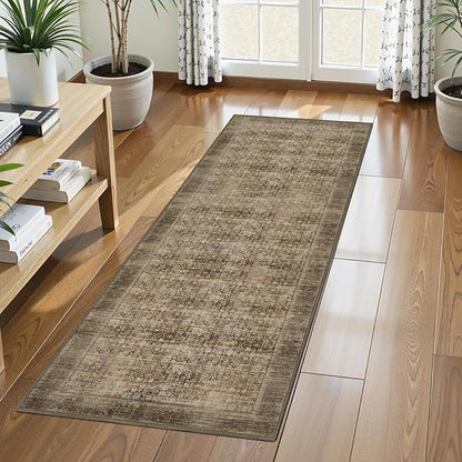 Washable Area Rug 2'6'' x 8' Vintage Traditional Persian Mat - Foldable Distressed Non-Slip Machine Washable Carpet for Living Room Bedroom Kitchen Home Decor - Mocha and Taupe