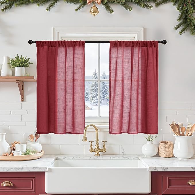 BGment Burgundy Linen Kitchen Curtains for Window Over Sink, Short Semi Sheer Drapes for Bathroom Cafe Over Sink with Rod Pocket Lightweight, 2 Panels Set, Each 30 Inch Wide