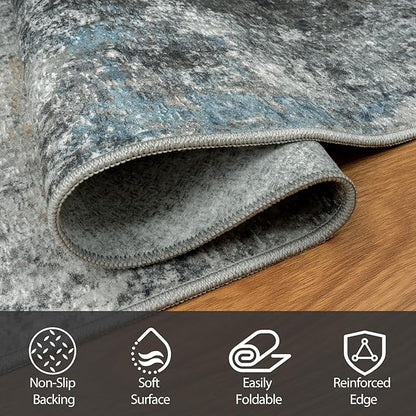 Runner Rug for Hallways Kitchen 2'6"x8' Washable Non Slip: Carpet Non Skid 8ft Entryway Rubber Backed 8 Feet Neutral Abstract Modern Rug Low Pile Pet Friendly Indoor Black Gold